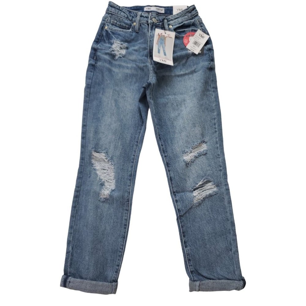 YMI High Rise Mom Fit Destroyed Whiskered Jeans Size 3 / 26 Back Comfort Cotton